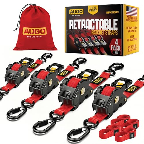AUGO Retractable Ratchet Straps | 4 Heavy Duty Ratchet Straps Self Retractable Tie Downs with Soft Loops & Storage Bag for Motorcycle, Truck, Trailer, Cargo Van | 1200 Lb Break Strength 1” x 10’