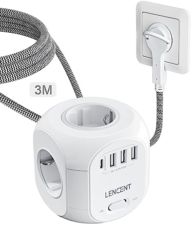 LENCENT 4 Fach Steckdosenleiste Flachstecker Steckdosenwürfel Mehrfachsteckdose 8 in 1 Cube Steckdose Steckerleiste mit 3 USB&1 Typ-C, Mehrfachstecker mit 3 Meter Geflochtenem Kabel für Wandsteckdose