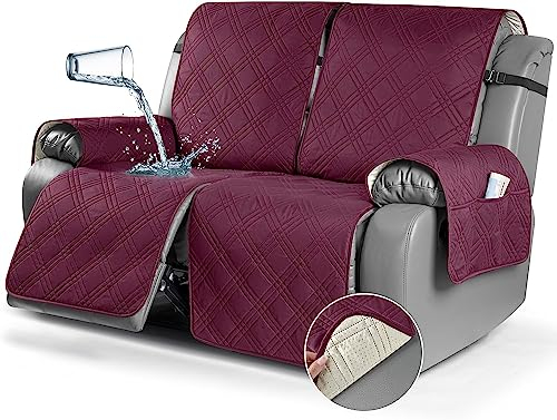 LINGKY Sesselschoner für Fernsehsessel, 100% Wasserdicht 1 Sitzer Sesselschoner, Anti-Rutsch Sesselauflage Relax mit Taschen Waschbar Sessel Überwürf Sesselbezug (Weinrot,2-Sitzer)