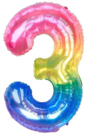 Ponmoo 40 inches Foil Balloons Numbers 3 Neon Rainbow (101cm), Inflatable Helium or Air, Giant Balloon Number 0-9, 10-29, 30-100, Grand Balloons for Anniversary Wedding Birthday Party Decoration
