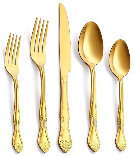 30-teiliges Goldbesteck-Set, FULLYWARE Edelstahl-Besteck mit satinierter Oberfläche, Gabeln, Löffel und Messer, Rosenmuster, Service für 6 Personen