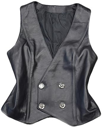 Hdhdeueh Damen Weste V-Ausschnitt Schaffell Leder Westen Zweireihig Schwarz Casual Kurze Weste, Schwarz , 48