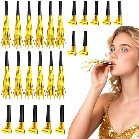 New Years Eve Party Supplies 2026-24-Pack Mixed Size Party Blowers (12 Jumbo 11-inch & 12 Mini 9-inch) | Gold Noisemakers with 4.3 & 2.5 Handles for All Ages