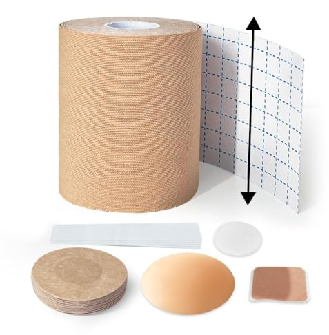 Set 4 en 1 Cinta Adhesiva de Pecho Premium | Ultra Ancha 7.5cm*5m + Pares Pezoneras 2 Siliconas Reutilizables + 10 Desechables + Ropa Scotch | Boob Tape Push-Up Sujetador Adhesivo Pecho Grande | A-D