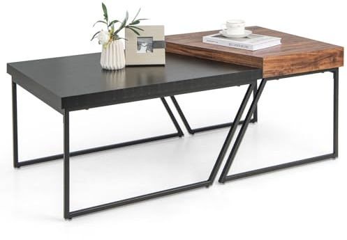 LIFEZEAL Set med 2 sovbord i trä och metall, soffbord i industriell stil, rektangulär, kaffebord, 120 x 60 x 46 cm, brun och svart
