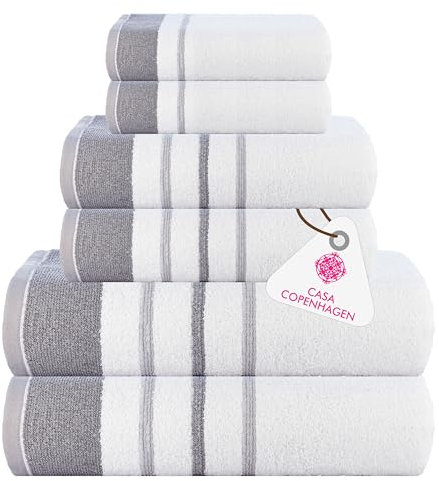 CASA COPENHAGEN White Bay Handtuch-Set, 6-teilig, Weiß mit dunkelgrauem hellgrauem Rand, 600 g/m², 2 Badewanne, 2 Hände, 2 Waschlappen, ägyptische Baumwolle, Handtuch für Hotel, Spa, Küche, Bad, Küche