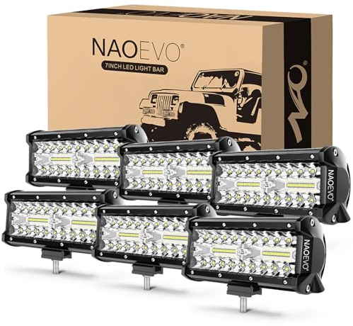 NAOEVO 7 Inch LED Light Bar, 720W 72,000LM Offroad Fog/Driving Lights LED Tractor Lights with Spot Flood Combo Beam, Waterproof LED Work Lights for Truck Boat ATV UTV, 6 Pcs (White)