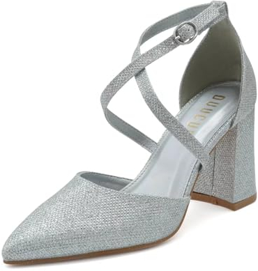 Damen Pumps Riemchenpumps Spangenpumps Sandale mit Kreuz Knöchelriemen Blockabsatz Geschlossener Spitze Glitzer Pumps EU 39