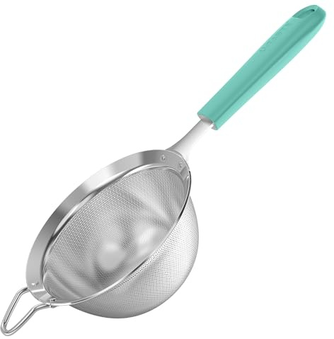U-Taste finmaskig sil: Kökssil av 18/8-rostfritt stål, medelstor metallsil med nitade, robust silikonhandtag för siktning av mjöl, dropp av te, ris, Quinoa (Aqua Sky, 12 cm)