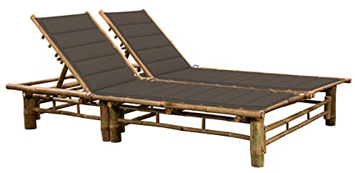 Mengtu 2-Personen-Sonnenliege mit Taupe Auflagen Doppelliege Gartenliege Lounge Doppelliege Relaxliege Strandliege Gartenmöbel Freizeitliege für Garten Balkon Terrasse Pool Bambus Gartenmöbel