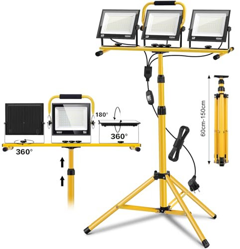 Faretto da Cantiere com Treppiede Telescopico 300W, 30000LM 6500K Faro LED da Cantiere Portatile, Luce Bianca 6500K Faretto da Cantiere con Cavo 3m, Rotazione 360°, IP66 Impermeabile Faretto Lavoro