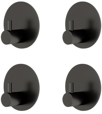 JS Adhesive Hooks Black Towel Holder Self Adhesive Extra Sticky Hook Round Stainless Steel Hanging Stick on No-Nail Hook for Back of Door for Bathrooms Shower Kitchen