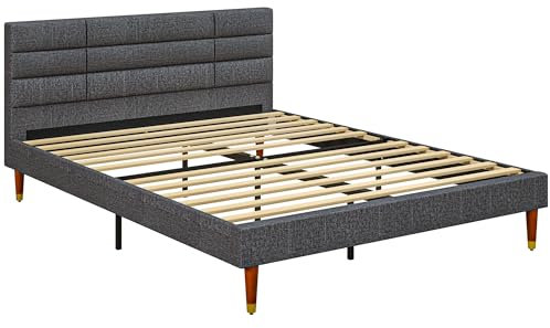 HOMCOM 5ft King Bed Frame with Underbed Storage, Upholstered Platform Bed Frame with Tufted Headboard and Wood Slat Support, No Box Spring Needed, Easy Assembly, Grey