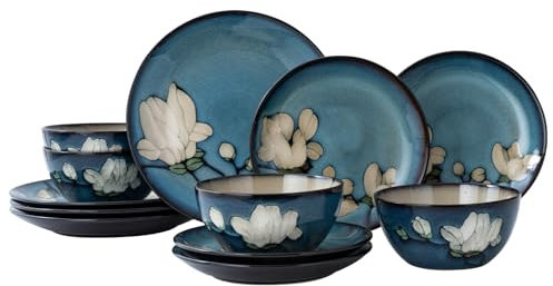 WHITEPEONY Geschirrset Blaues Steingut, 12-teiliges Service für 4, Steingut Teller und Schüsseln, sehr splitter- und rissfest, Steingut-Set, spülmaschinenfest, mikrowellengeeignet