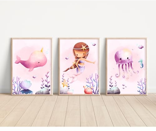 MeinBaby123® Meerjungfrauen Poster | 3er Set DIN A4 | Kinderzimmer Deko für Mädchen | Bild | Geschenk (Meerjungfrauen V1)