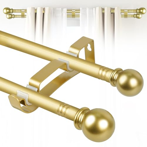 Double Curtain Rods for Windows Set 48 to 84 Inch,Gold Curtain Rod with 3PCS Drapey Pole Brackets,5/8 Diameter Blackout Small Curtain Rod,Extra Long Cortineros Para Ventanas for Bedroom,Living Room