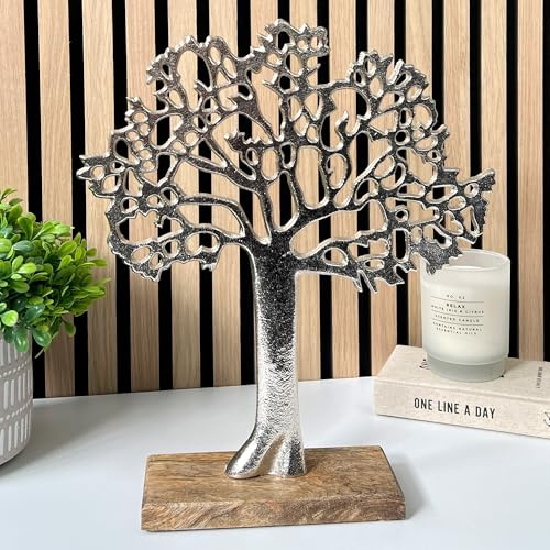 Alfie Francis 35cm (Tall) Metal Silver Tree of Life Ornament on Wooden Stand Large Sculpture Vintage Home Decor Life