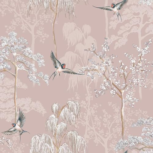 World of Wallpaper Papier peint asiatique inspiré du jardin japonais pour salon et chambre à coucher, cerisiers en fleurs et oiseaux orientaux, rose pâle E100335AH