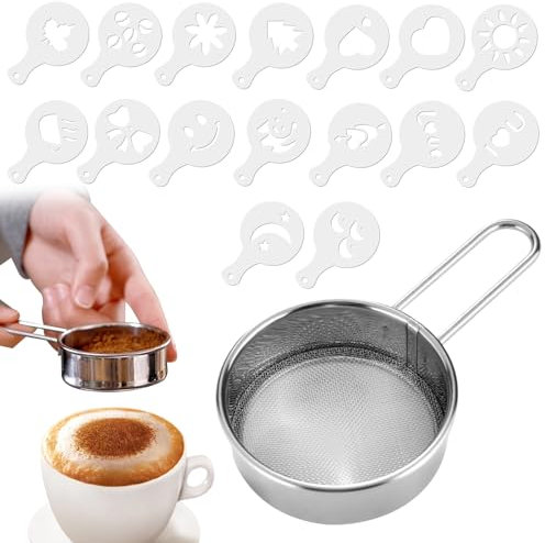 Espolvoreador de Acero INOX, tamizador de harina reposteria espolvoreador cacao y canela espolvoreador de cacao flour shaker con 16 plantillas de café para café bricolaje de cocina