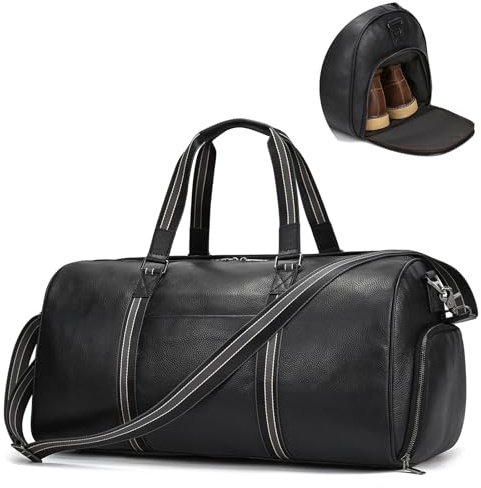 LUUFAN Echtes Leder Reisetasche große Kapazität wasserdicht Gepäck Seesack mit Schuhfach, Weekender Schulter Handtasche für Männer Frauen Urlaub Geschäftsreise, schwarz