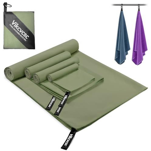Vikcvcsc Set di 4 asciugamani in microfibra, 180 x 80 cm, grandi + 2 asciugamani da 80 x 40 cm + 40 x 30 cm, asciugamani da viaggio, ad asciugatura rapida, per fitness, spiaggia, in microfibra, colore