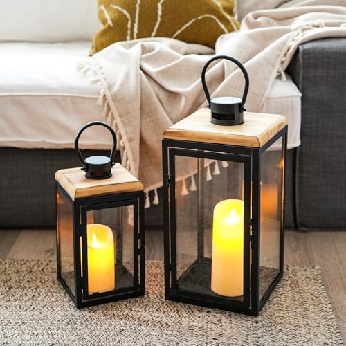 TRIROCKS Uppsättning av 2 deakorativa stora ljuslykta modern orkan svart metallljushållare utomhus inomhus vintage golvlyktor för heminredning mantel uteplats veranda trädgård bröllopsbord