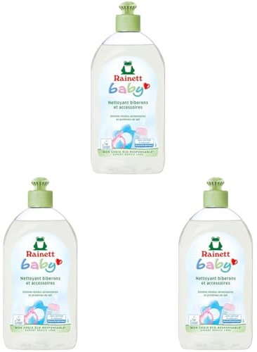 RAINETT Baby - Nettoyant Biberons et Accessoires Bébé - Élimine Résidus Alimentaires et Protéines de Lait - Liquide Vaisselle Hypoallergénique - Sans parfum - Ecolabel - 500 ml (Lot de 3)
