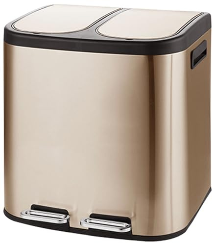 QPQPQ Poubelle de Cuisine rectangulaire à Deux Compartiments, Poubelle en Acier Inoxydable, Poubelle résistante aux Taches avec Couvercle et pédale,d'or,30L