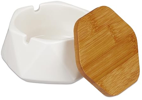 Relaxdays Aschenbecher mit Deckel, Keramik, draußen & drinnen, HxBxT: 6 x 10,5 x 10,5 cm, Windaschenbecher, weiß/Natur | HxBxT: 6 x 10,5 x 10,5 cm, Windaschenbecher