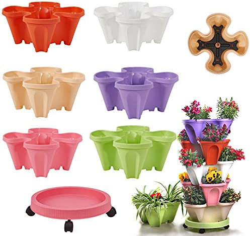 Maceta vertical apilable de 6 niveles con niveles de autorriego, estable y duradera, macetas de fresas, multicolor, soporte para macetas de jardín