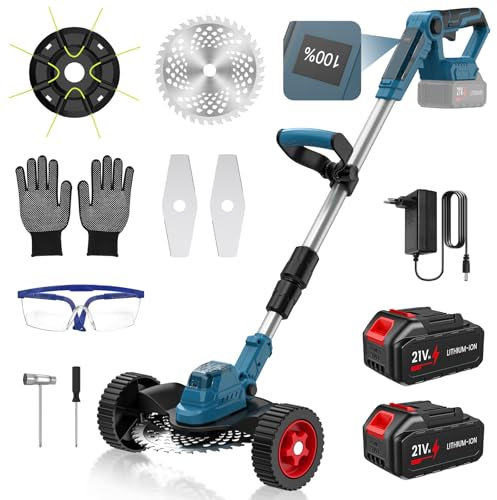 Desbrozadora Bateria, 21V Desbrozadora Electrica con 2 x 3.0 Ah Baterías, Tres Tipos de Cuchillas, Pantalla LCD, Ruedas Desmontables y Mango Ajustable, Cortacesped Electrico para Jardín et Césped