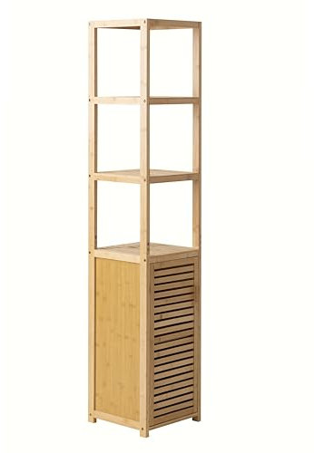 Brigros - Mobile Colonna Bagno Salvaspazio In Bambu Con 3 Scaffali E 1 Anta, Colonna Bagno Da Terra 33x33x169 Cm, Mobile Bambu Con Mensola Interna, Colonna Salvaspazio Design