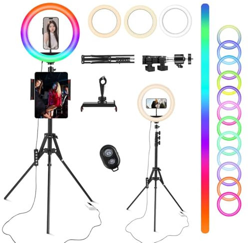 Ring Light avec Trépied Professionnel Selfie, 10 Anneau Lumineux 48 RVB Mode 13 Niveaux LED Lampe Trepied Telephone Grand Red Light sur Pied Lumiere Photo pour Smartphone Video Eclairage