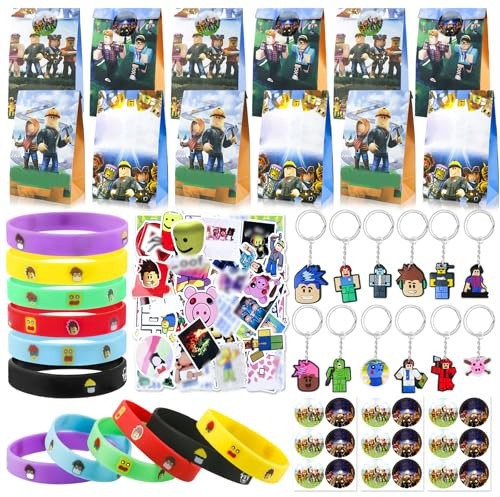 Ainvliya Rob-lx Party Bag Fillers for Kids Unisex, Kids' Party Favours Gaming Party Bag Fillers for Girls Boys Stickers Keychains Silicone Bracelet Goodie Bags Birthday Decorations Party Supplies