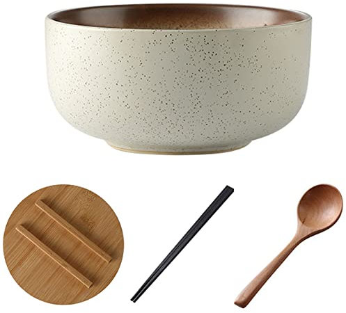 JYBNBBE Ceramic Japanese Ramen Bowls - Large Noodle Soup Bowl, with Chopsticks and Spoon and Wooden lid for Pho Thai Miso Udon Soup Noodles or Asian Food (E)