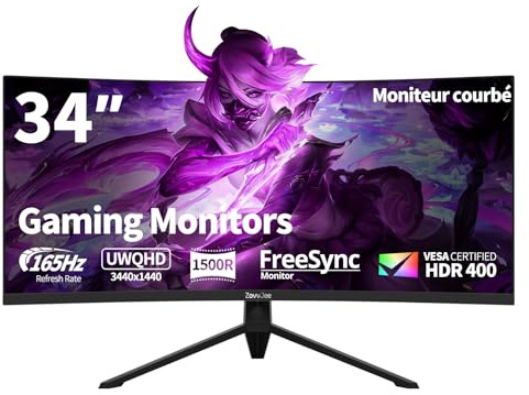 ZovvJee Écran PC Gamer Courbé 34 Pouces 165Hz UWQHD (3440x1440) - 1500R, 1ms MPRT, HDR400, 99% sRGB, FreeSync Premium, HDMI/DP, Montage VESA - Écran PC Ultra-Large pour Jeu Immersif