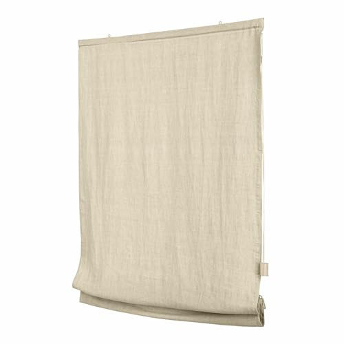 Loberon Faltrollo Lunavaux - Stufenlos Höhenverstellbar - Inklusive Mangoholzstange - Sichtschutz - Fensterdekoration - Leinen, Creme