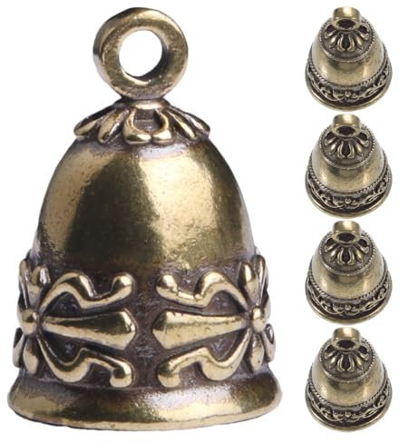 VINTORKY 5 Pezzi Campanelle Vintage in Ottone Motivo Rustico, Mini Campane Compatte e Portatili per Decorazioni Natalizie da Appendere su Porte e Spazi Esterni