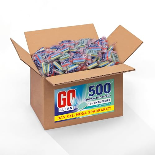 GO clean! Spülmaschinentabs Multi 12-in-1 MAX POWER– 10 kg ca. 500 Stück, 20g, XXL-Sparpaket in Aufreißfolie mit starker Reinigungskraft gegen Schmutz und Fett