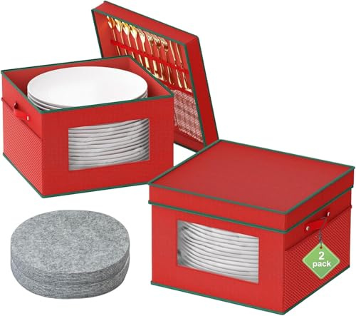 VERONLY Christmas Dinner Plate Storage Box with Lid- Xmas (2 Pack) Dish Case with Handle, Mesh Pocket, Zipper, Anti-friction Felt Pads,Hard Shell China Storage Container for Holiday,32x32 x20cm