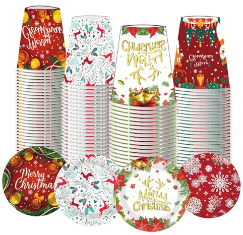 40 Pack Christmas Disposable Cups 9 oz Christmas Paper Cups Party Supplies Drinking Paper Cups Daily Use Holiday Party(Include 40 paper cups,40 paper plates)