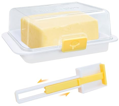 Griwuut Mantequera con tapa para encimera, recipiente hermético para mantequilla, cuchillo multiusos para mantequilla, apto para uso europeo/kerrygold/mantequilla francesa y refrigerador