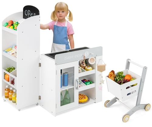 COSTWAY Pretend Play Shop, Kids Supermarket Playset with Shopping Cart, Scanner, Chalkboard & Checkout Belt, Wooden Role Play Grocery Store for Ages 3+ (Convertible)