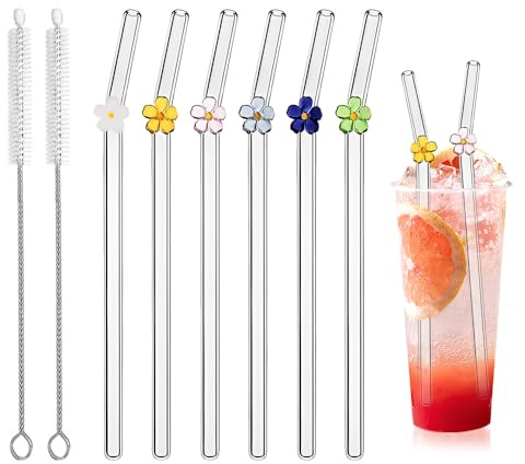 HMCEY 6 Pièces Pailles Réutilisables Verre,Paille en Verre avec Fleurs,Glass Straw,Paille Cocktail A Granité avec Brosses de Nettoyage,Lait Pailles Bubble Tea pour Jus, Smoothies, Café, Boissons