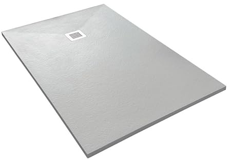 Belvit Plato de ducha compuesto de piedra blanca, estructura de pizarra, tamaño 180 x 90 cm, plano y moderno, antideslizante, resistente, incluye desagüe y fácil montaje