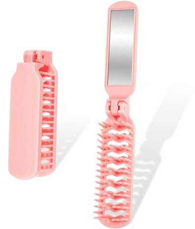 Lot de 2 brosses à cheveux pliables avec miroir, brosse démêlante de voyage portable, petite taille de sac à main, peigne de poche compact pour femme, cheveux épais et bouclés – Rose