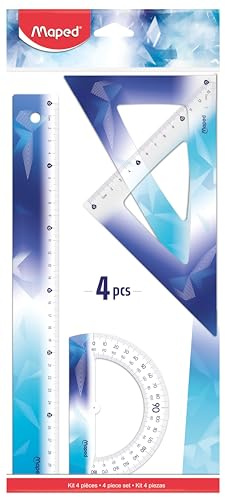 Maped Arctic Vibes - Juego de Geometría de 4 Piezas: Regla 30 cm, Transportador 180°, Escuadra y Cartabón de 21 cm, Kit de Trazado Escolar con Diseño de Escamas, Material para Dibujo Técnico