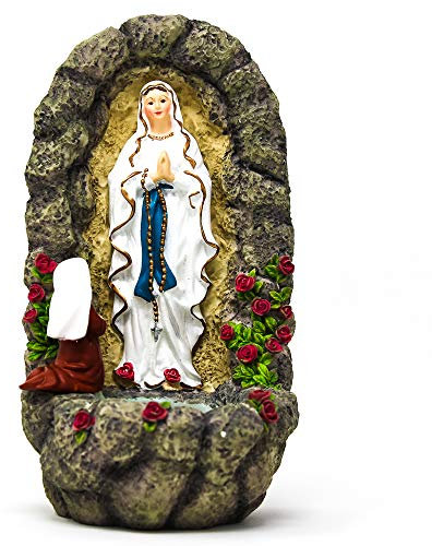 Catholic Gift Shop Lourdes Holy Water Font depicting the Lourdes Apparitions, with St Bernadette knealing to Our Lady of Lourdes (3035)