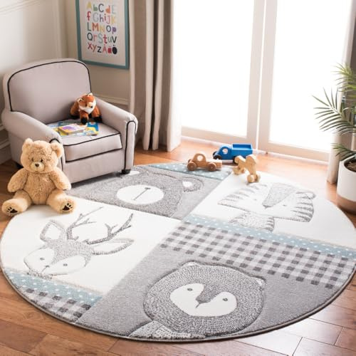 SAFAVIEH Carousel Kids Collection Area Rug - 5'3 Round, Grey & Ivory, Animal Design, Non-Shedding & Easy Care, Ideal for High Traffic Areas for Boys & Girls in Playroom, Nursery, Bedroom (CRK188B)