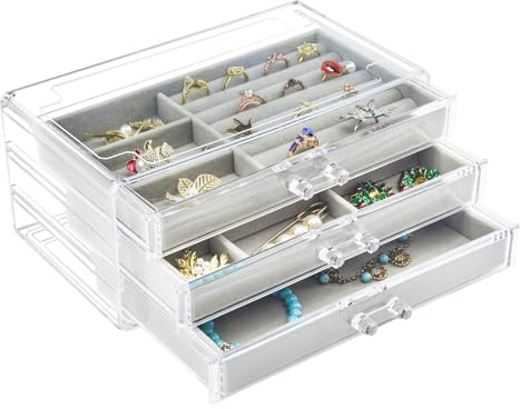 Weiai Acrylic Jewelry Box 3 Drawers, Velvet Jewellery Organizer, Earring Rings Necklaces Bracelets Display Case Gift for Women, Girls